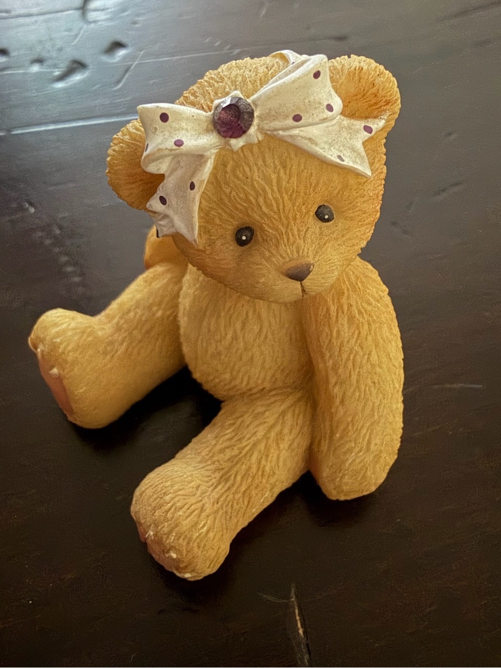 🧸 Cherished Teddies February Birthstone Mini Figurine w/Cream Bow & Purple Gem